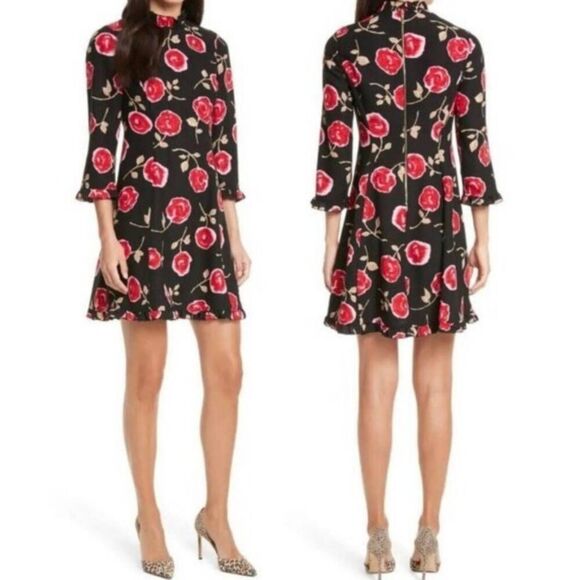 kate spade Dresses & Skirts - Kate Spade Hazy Rose Black Floral Midi Dress Ruffle Neck A-Line XS NWOT